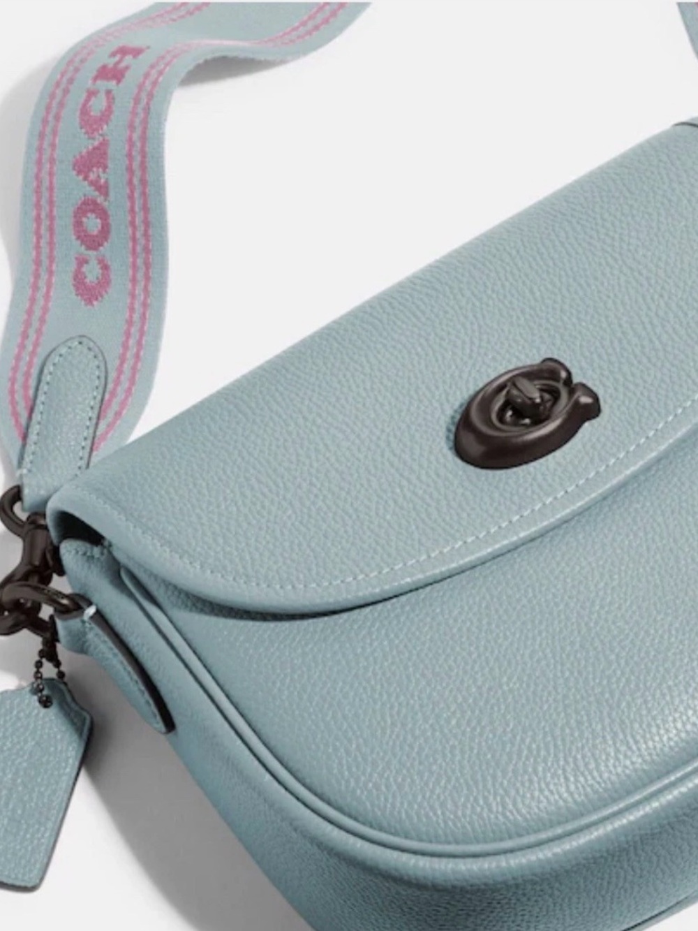 RARE Coach Light Blue Pebble Leather Saddle Crossbody with Wide Logo Strap